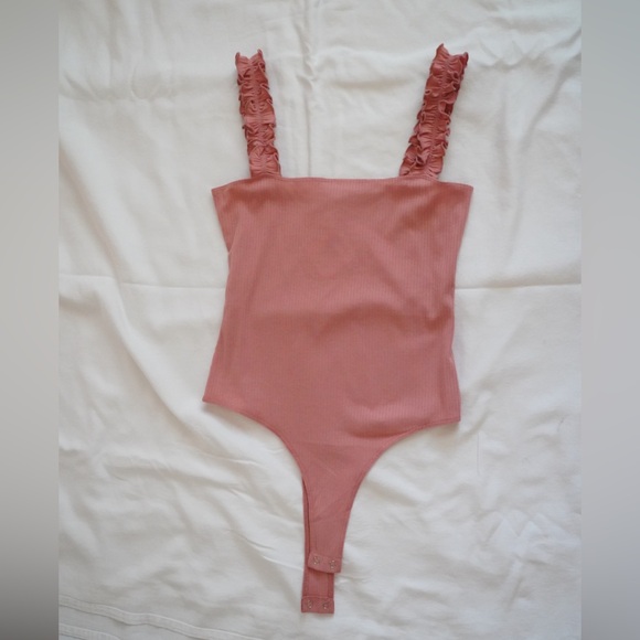 Double Zero Tops - Peach Pink Ruffled Strap Bodysuit